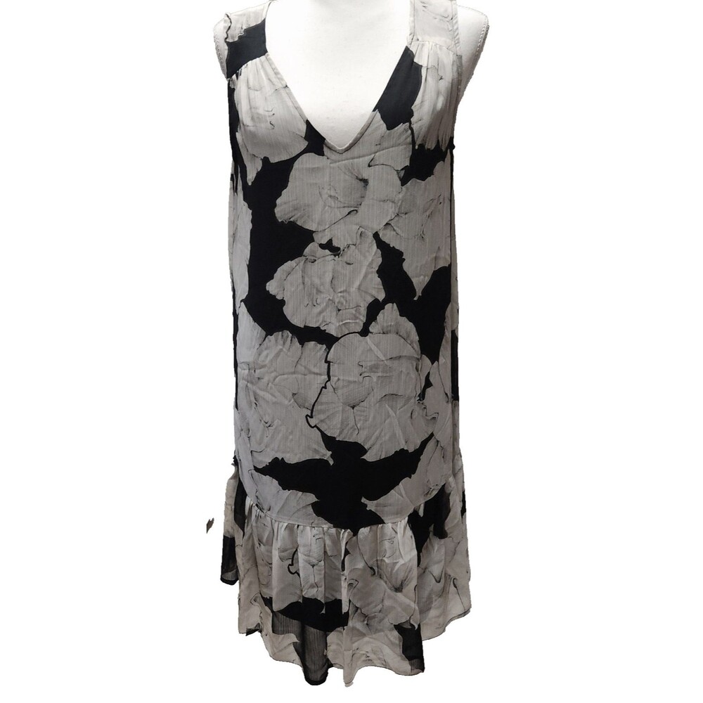 Rose & Olive Sleeveless Black and White Floral Drop Waist Ruffled Hem Dress Smal